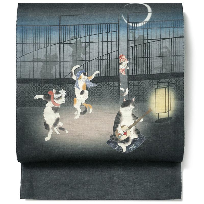 京袋帯 WAKKA 麻 猫の踊り場 黒 ネイビー 紺 サバ白 サバネコ 三毛猫