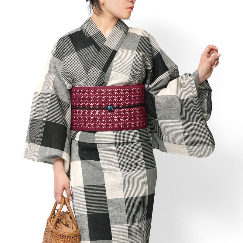 浴衣 綿麻 先染め ブロックチェック 黒 オフ白 ベージュ 格子