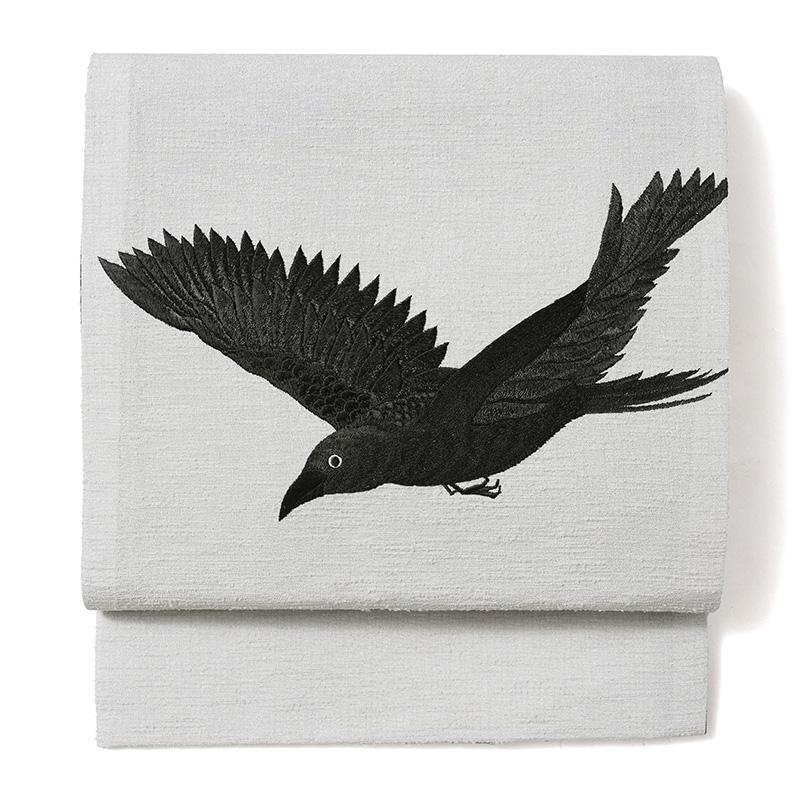 撫松庵 京袋帯 カラス 刺繍 グレージュ 鴉 グレー 黒 お太鼓 一重太鼓