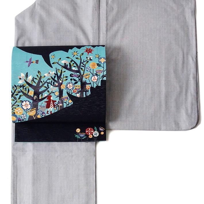 京袋帯 WAKKA 赤ずきんと狼 キャー!! 水色 黒 青 黄色 童話 メルヘン