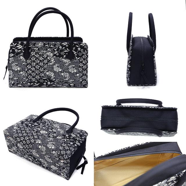 正絹 利休バッグ 越後染印傳 黒 裂取り小紋柄 日本製 和装バッグ