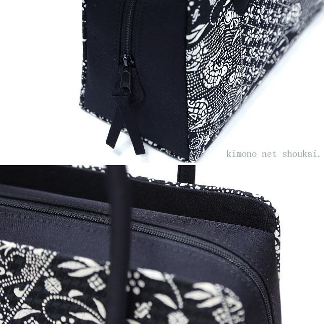 正絹 利休バッグ 越後染印傳 黒 裂取り小紋柄 日本製 和装バッグ