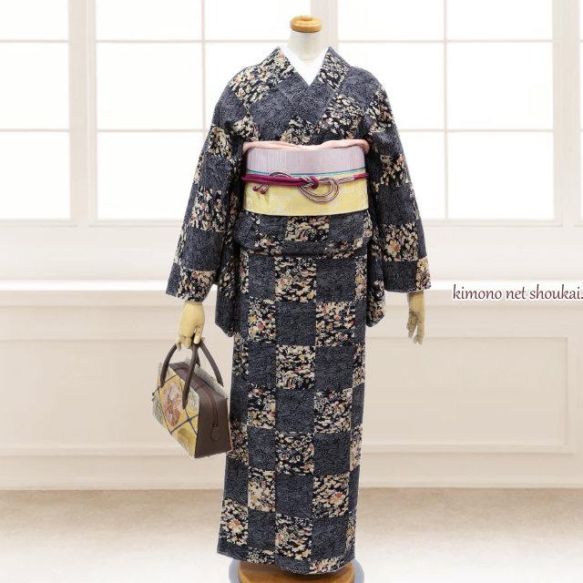 正絹 利休バッグ（24)ダークブラウン こげ茶色 金襴格子 四季花 15110