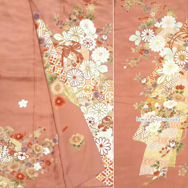 振袖 正絹 中古 ランクA 東雲色 宝花熨斗 お仕立て上がり 単品 成人式