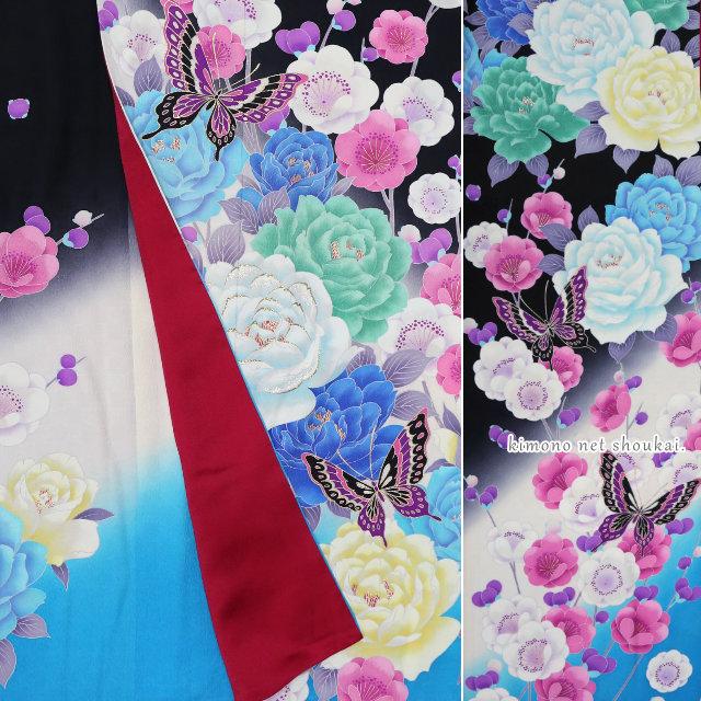 送料無料】【中古】 振袖 正絹（中古 ランクA 黒青 アゲハ蝶 バラ 梅枝