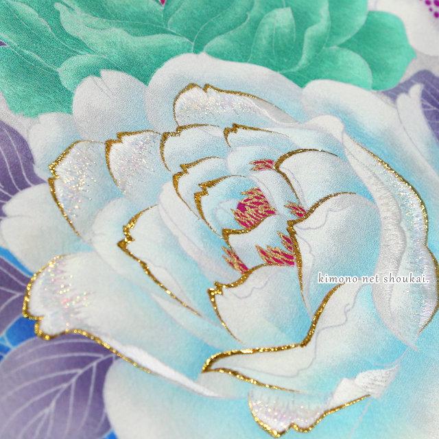 送料無料】【中古】 振袖 正絹（中古 ランクA 黒青 アゲハ蝶 バラ 梅枝