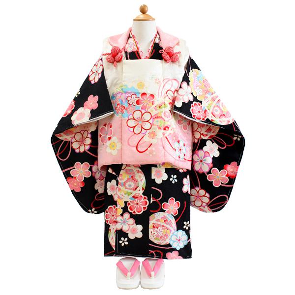 七五三 正絹 着物 6点セット 3歳 女の子 被布 黒 梅 三ツ身着物 白 鞠
