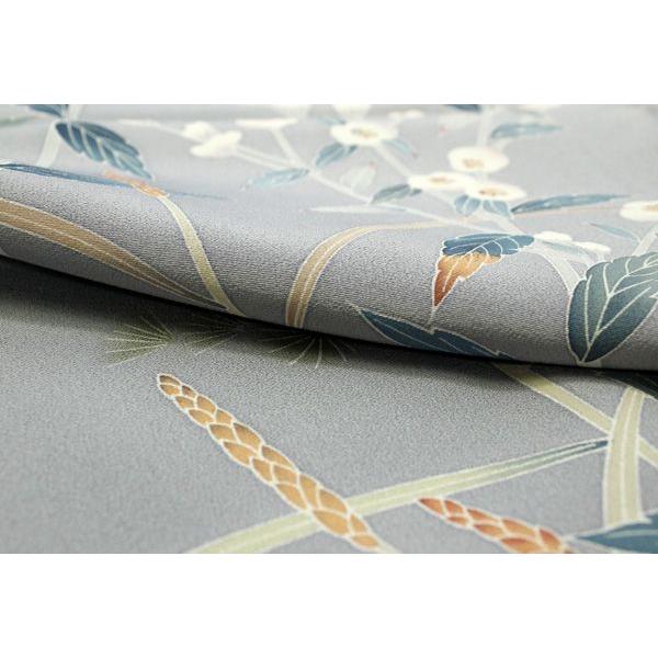 正絹訪問着 未仕立て 仮絵羽 ブルーグレー地松と椿模様 松彩 : 京都