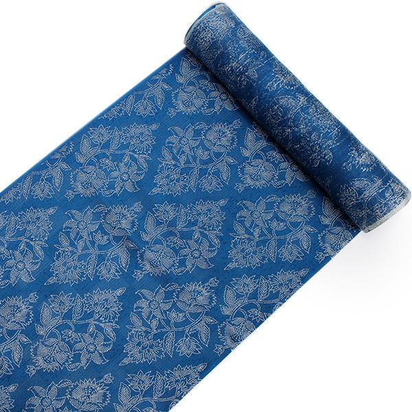 夏着物 反物 正絹 紬 フルオーダー 仕立て付き 暗い藍色 花唐草 丹後