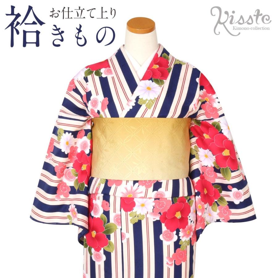 Kisste（キステ） 着物 小紋 袷 生成り 紺 ストライプ 椿 桜 梅 M L
