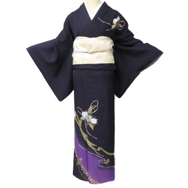 訪問着 着物 中古 正絹 袷 フォーマル 甲斐泰造 螺鈿 蝶と花の図 紫