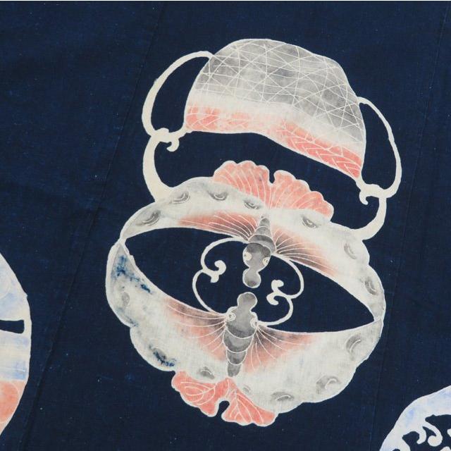 藍染 筒描き 筒描 筒書き つつがき 鶴 亀 蝶 草花 古裂 時代布 襤褸