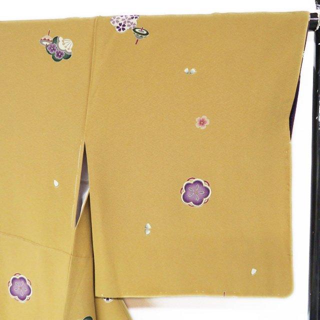小紋 着物 未使用 正絹 袷 カジュアル 花とコマ模様 小麦色 多色 身丈