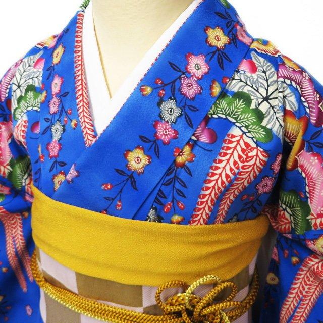 特選 振袖 着物 中古 正絹 琉球 紅型 花模様 松竹梅 茶屋辻 青色 多色