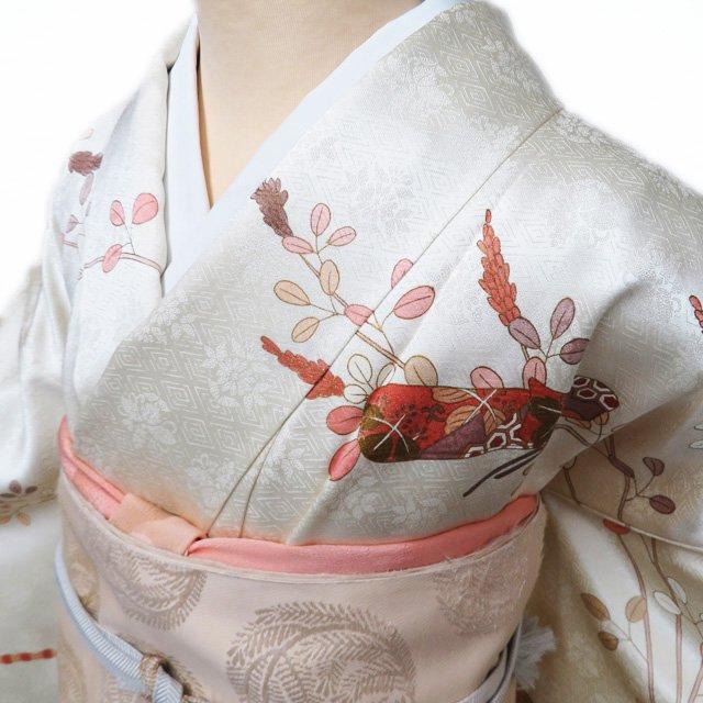 訪問着 着物 中古 正絹 袷 フォーマル 金駒刺繍 萩に楽器の図 女郎花色