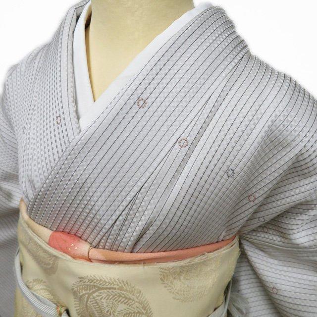 付下げ 付け下げ 訪問着 着物 中古 正絹 袷 縞模様 丸模様 刺繍 白鼠色