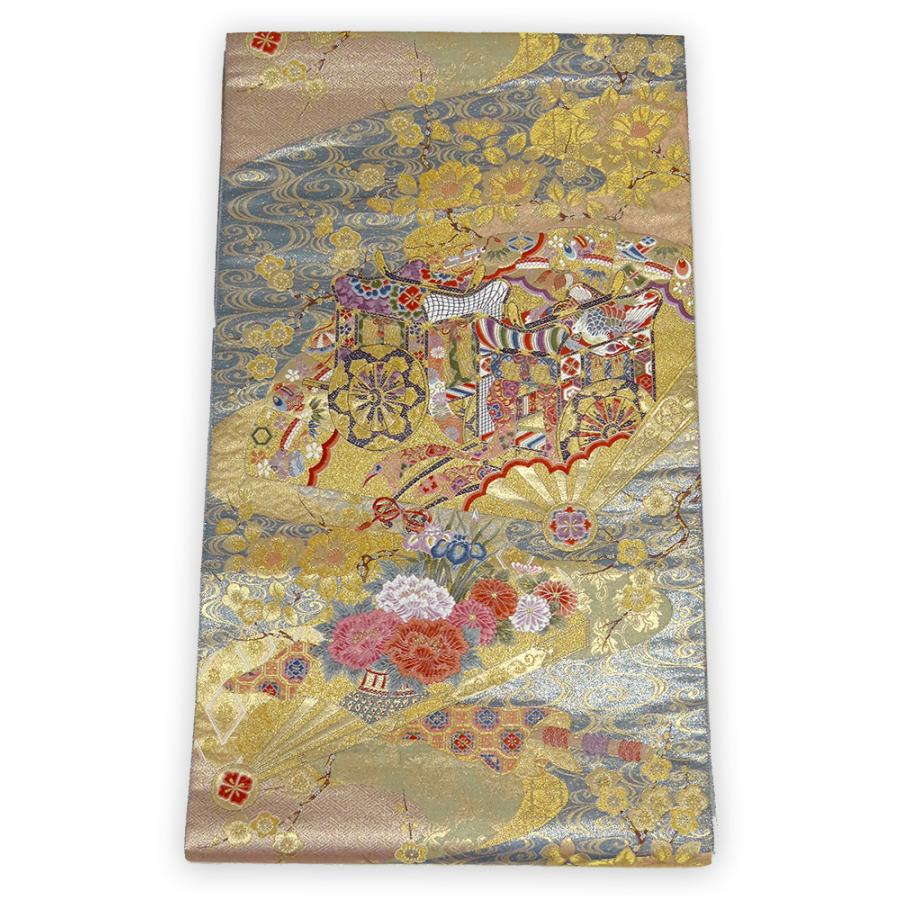 誂え流れ 未使用品 長嶋成織物 ながしま帯 六通柄 袋帯 扇面花文様