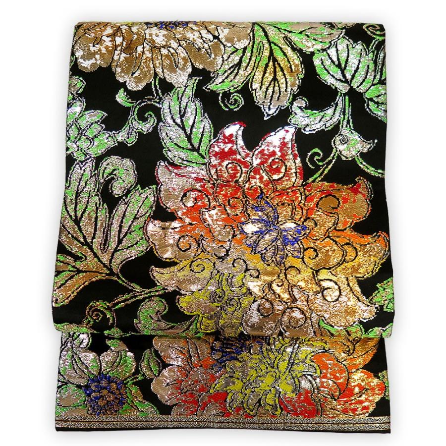 □【中古】美品 龍村平蔵 謹製 表裏六通柄 袋帯 大牡丹印金錦／黒地に