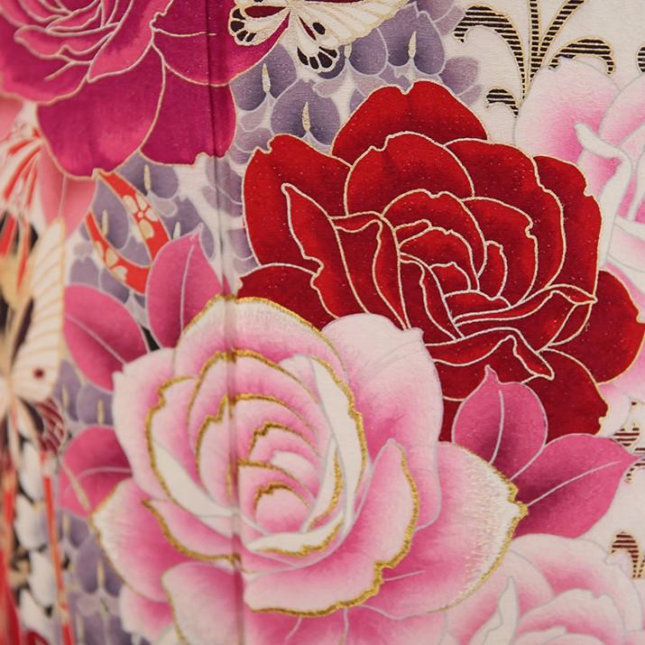 振袖レンタル19点フルセット【Lサイズ/白ピンク/バラ】足袋プレゼント