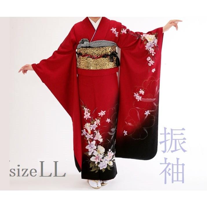 振袖レンタル19点フルセット【LLサイズ/赤黒/カトレア】足袋プレゼント