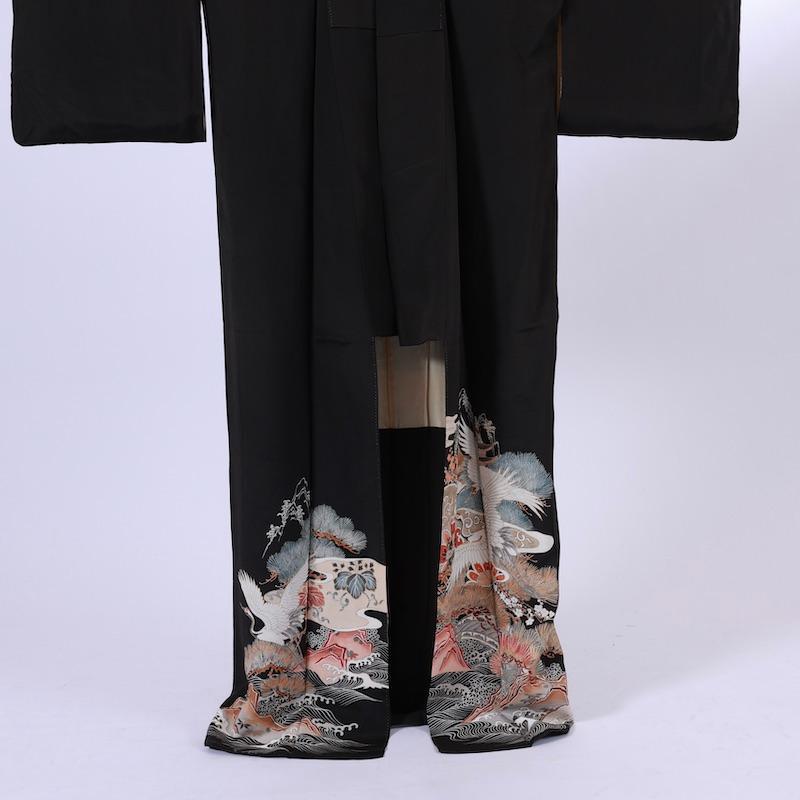 着物 黒留袖 五つ紋 鶴 松 波紋 江戸妻 アンティーク /1007 : キモノ