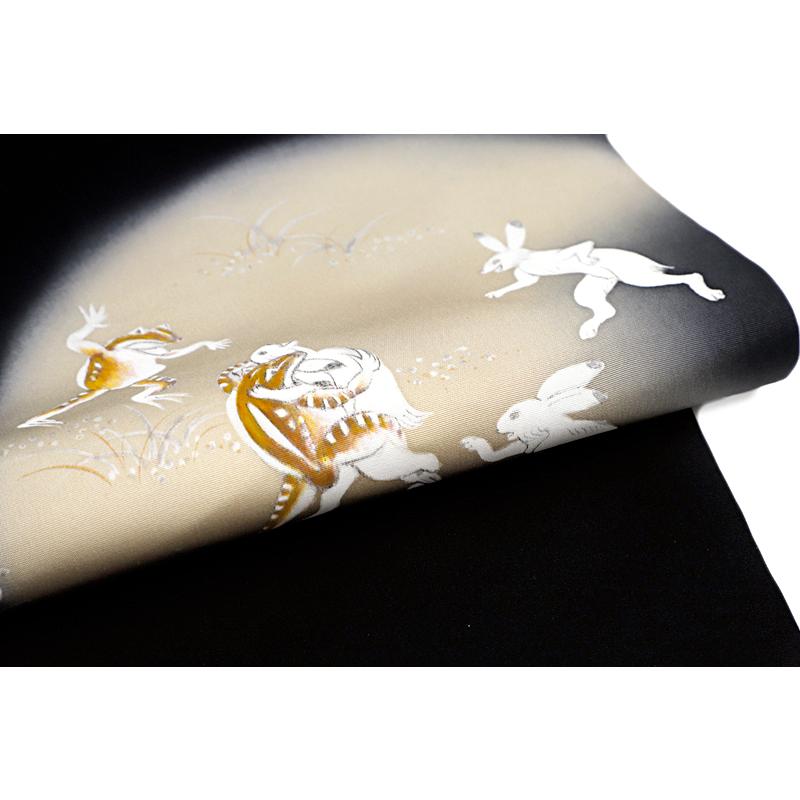 名古屋帯 絹菱 正絹 黒地 鳥獣戯画 兎 うさぎ 蛙 月 萩 秋 お月見 手