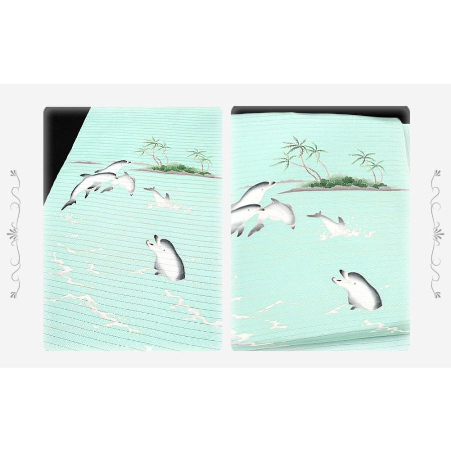 夏物 名古屋帯 十日町友禅 塩瀬 秀美 絽 水色 イルカ 九寸 反物 正絹