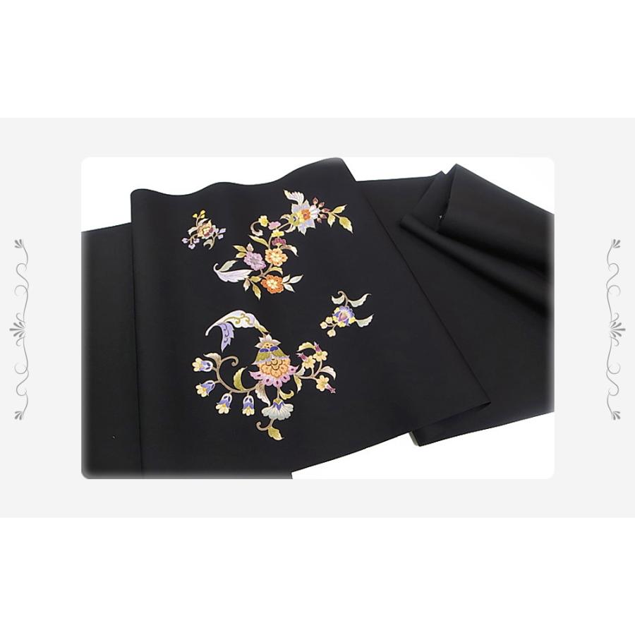 岡重 名古屋帯 九寸 正絹 黒地 駒塩瀬 花更紗文様 新品 未仕立て 反物