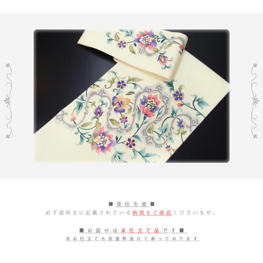 岡重 名古屋帯 駒塩瀬 九寸 金彩 クリーム色 オフホワイト 未仕立て品