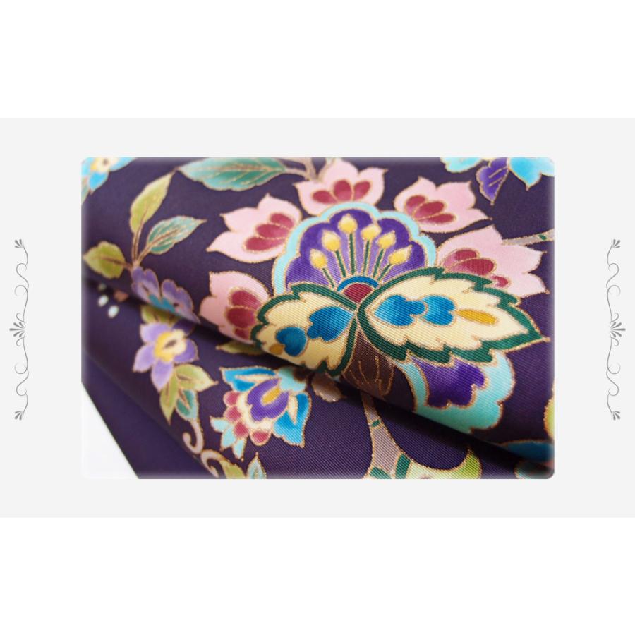 岡重 名古屋帯 九寸 紫 更紗柄 京友禅 正絹 五泉 駒塩瀬 未仕立て品 九