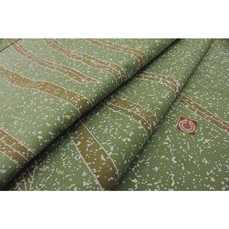 中古 本場牛首紬 紬 訪問着 リサイクル カジュアル 抹茶 蝋たたき染め