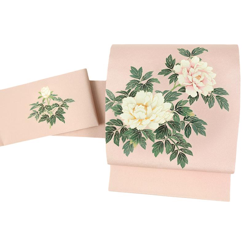 名古屋帯 秀美 九寸 正絹 友禅染 ピンク ピンクベージュ 花 牡丹 和柄