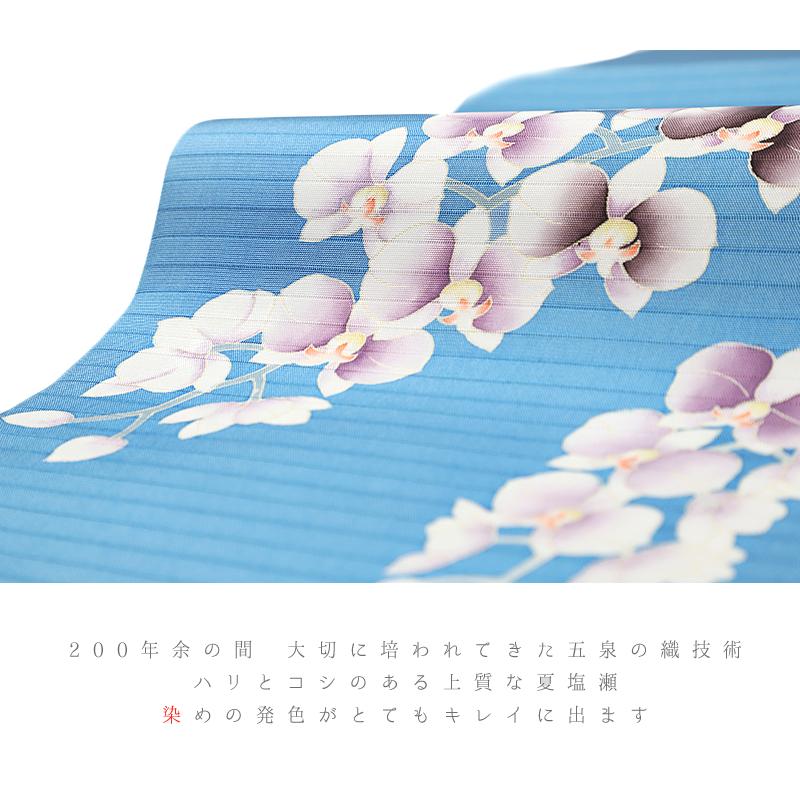 九寸 名古屋帯 夏物 十日町友禅 秀美 夏塩瀬 染帯 胡蝶蘭 正絹 浅葱色