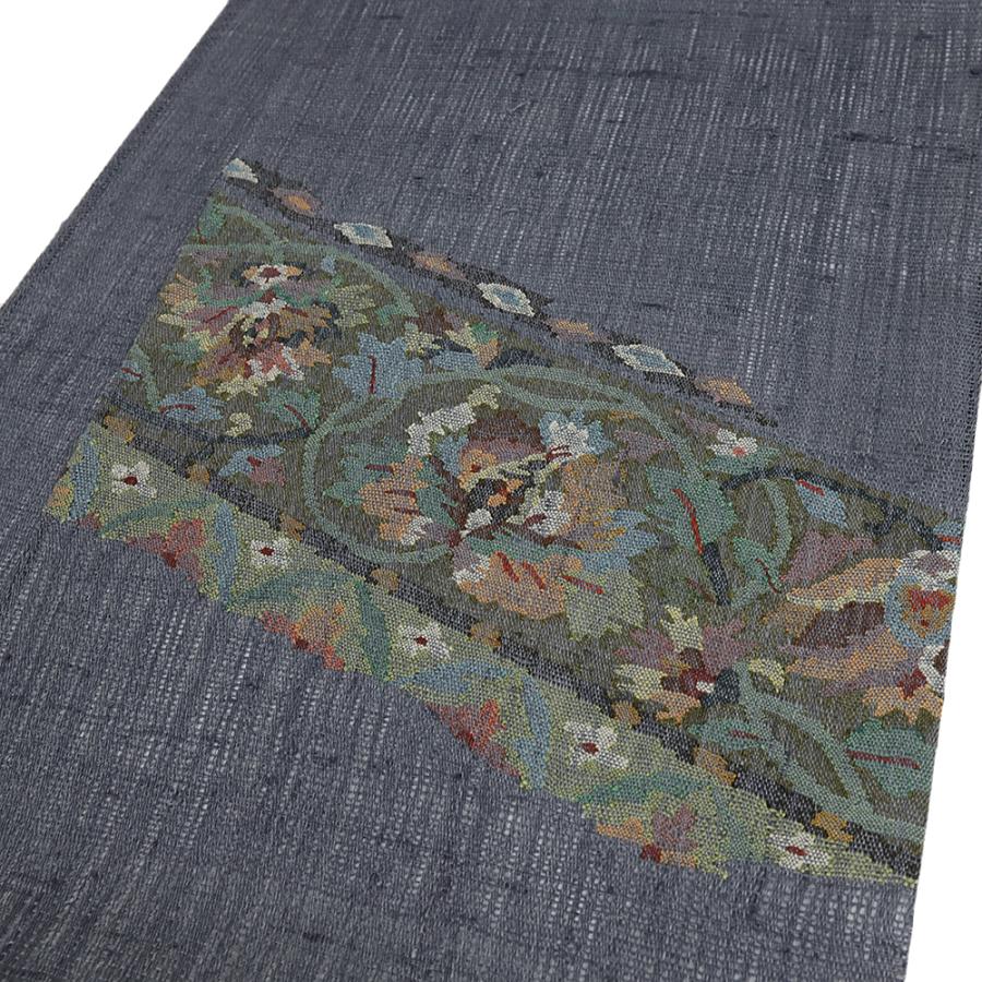 袋帯 藤田織物 真綿紬 正絹 紺 灰紺 唐花 仕立て上がり カジュアル