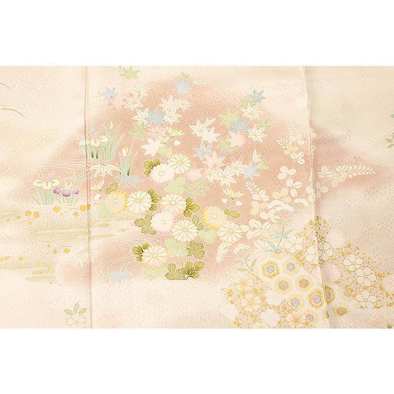 訪問着 吉澤友禅 十日町友禅 正絹 ピンクベージュ 貝桶 桜 菊 牡丹