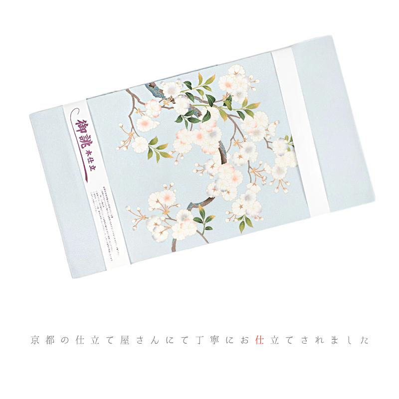 名古屋帯 秀美 正絹 水色 桜 新品 未仕立て 浜ちりめん お洒落 大人