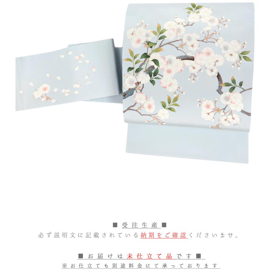 名古屋帯 秀美 正絹 水色 桜 新品 未仕立て 浜ちりめん お洒落 大人
