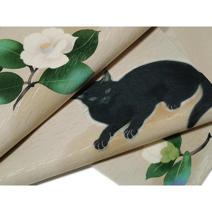 京袋帯 WA・KKA ワッカ 袋名古屋帯 正絹 ベージュ 黒 白 全通 椿 猫