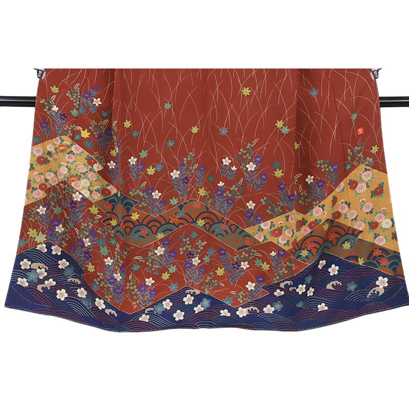 訪問着 花井幸子 赤茶 花 桜 桔梗 菊 紅葉 菱 青海波 波 萩 秋草 着物