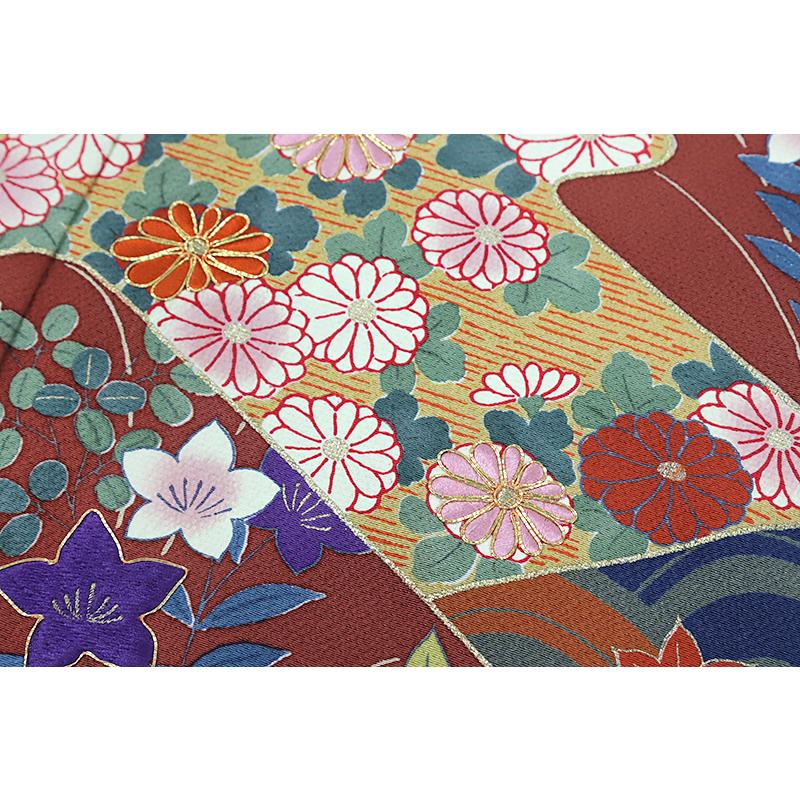 訪問着 花井幸子 赤茶 花 桜 桔梗 菊 紅葉 菱 青海波 波 萩 秋草 着物