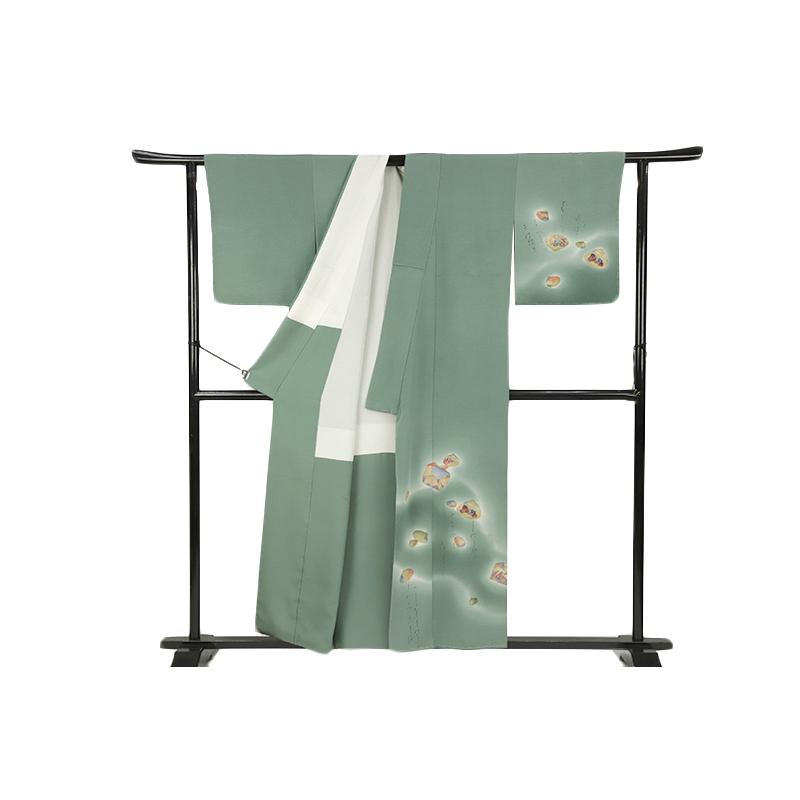 訪問着 樽本伊勢蔵 正絹 摺り友禅 緑 貝合わせ 源氏絵 染め抜き紋 着物