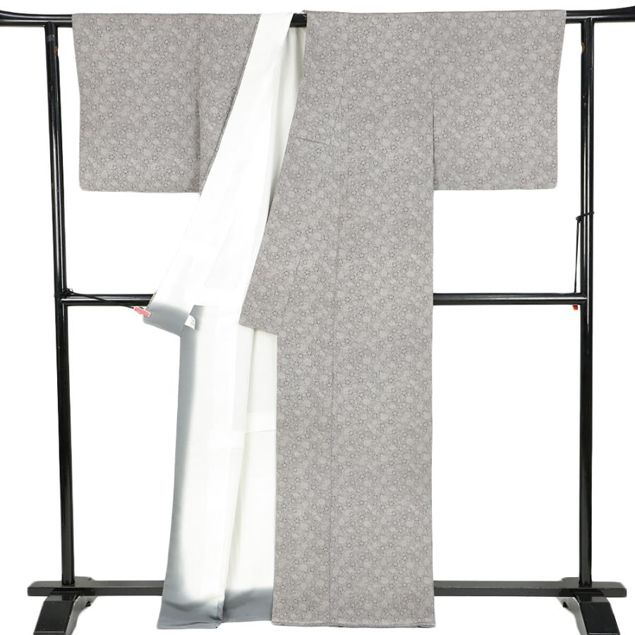 中古 江戸小紋 着物 リサイクル東京染小紋 正絹 灰色 墨黒 桜 花