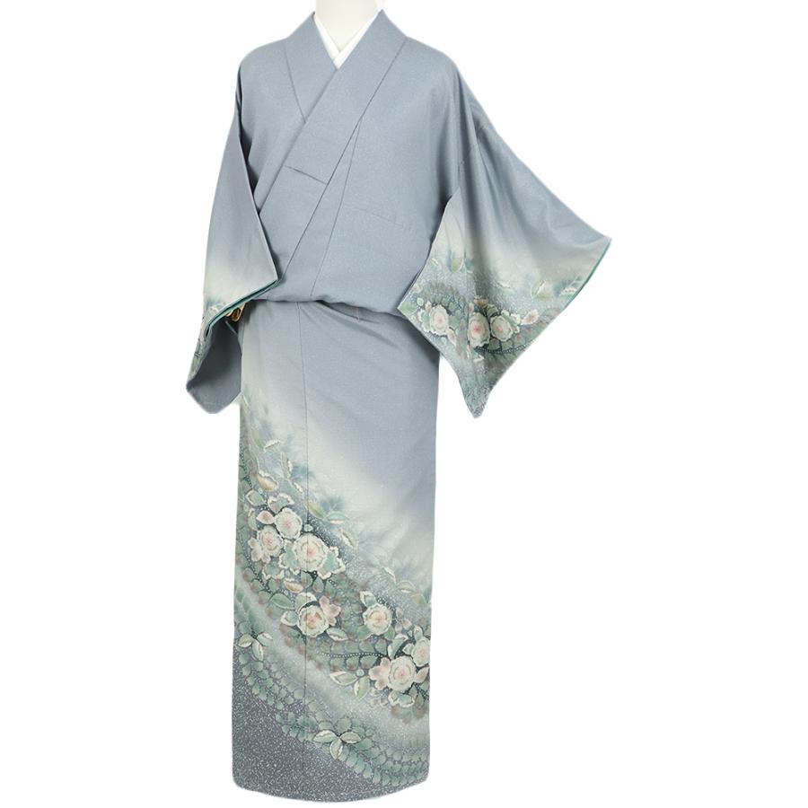 訪問着 大島紬 正絹 ブルーグレー 辻が花 リサイクル 着物 絞り 新古品
