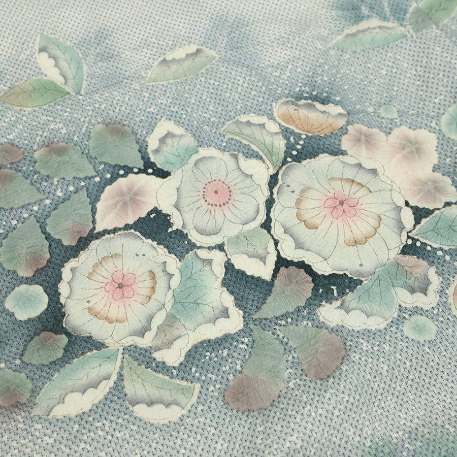 訪問着 大島紬 正絹 ブルーグレー 辻が花 リサイクル 着物 絞り 新古品