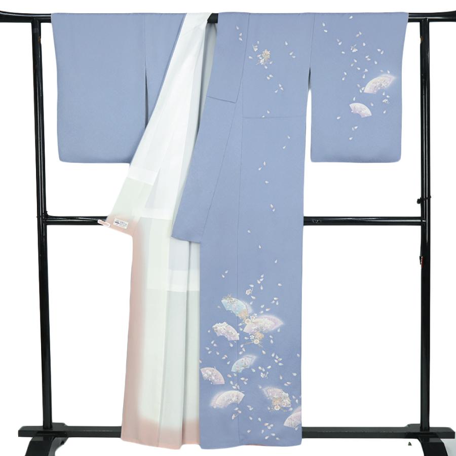 訪問着 正絹 桜 中古 着物 リサイクル 作家 伊東深水 水色 扇面 身丈