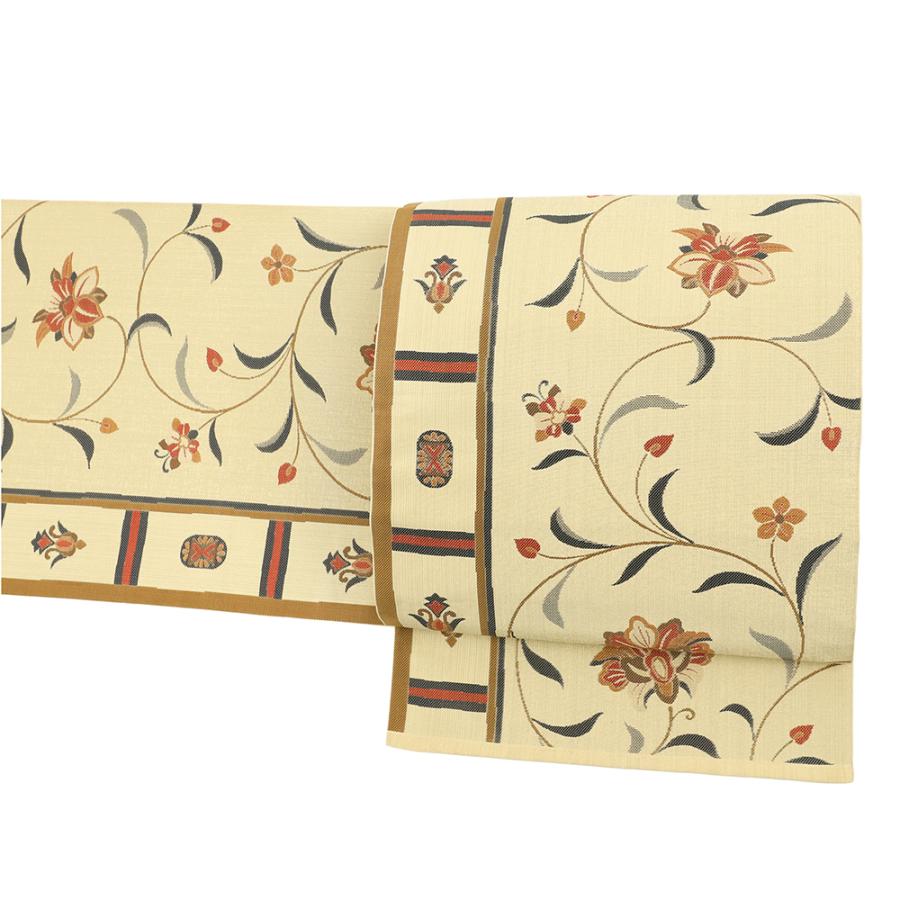 袋帯 中古 紬 カジュアル ベージュ 花唐草 更紗 正絹 洒落 六通