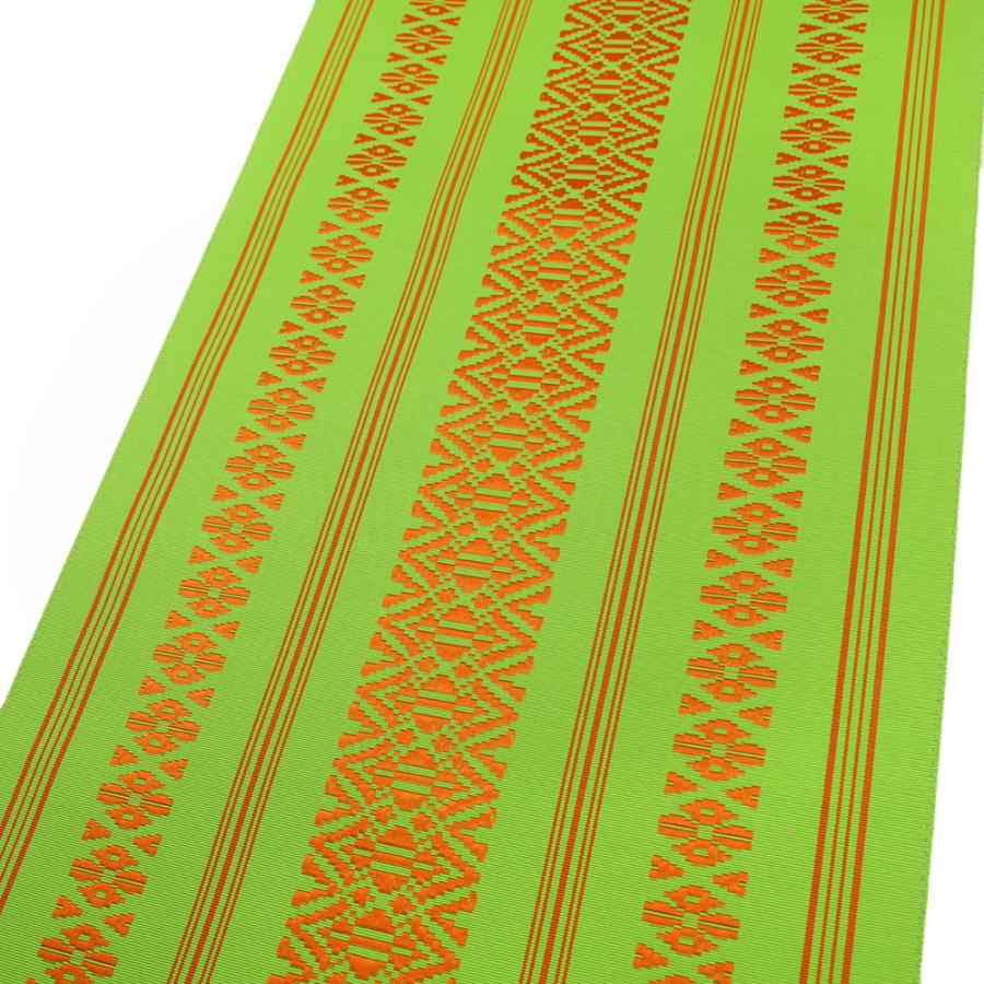 名古屋帯 博多織 三献上 黄緑 オレンジ 正絹 仕立て上がり カジュアル