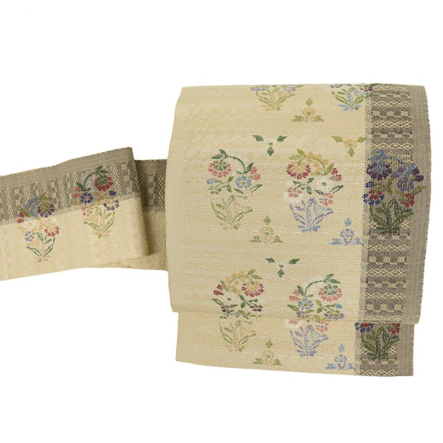 名古屋帯 帯屋捨松 花織 真綿紬 中古 カジュアル 正絹 肌色 花 仕立て