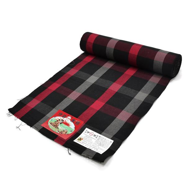 伊勢木綿 洗える着物 反物「格子黒×赤」未仕立て 木綿きもの 日本製