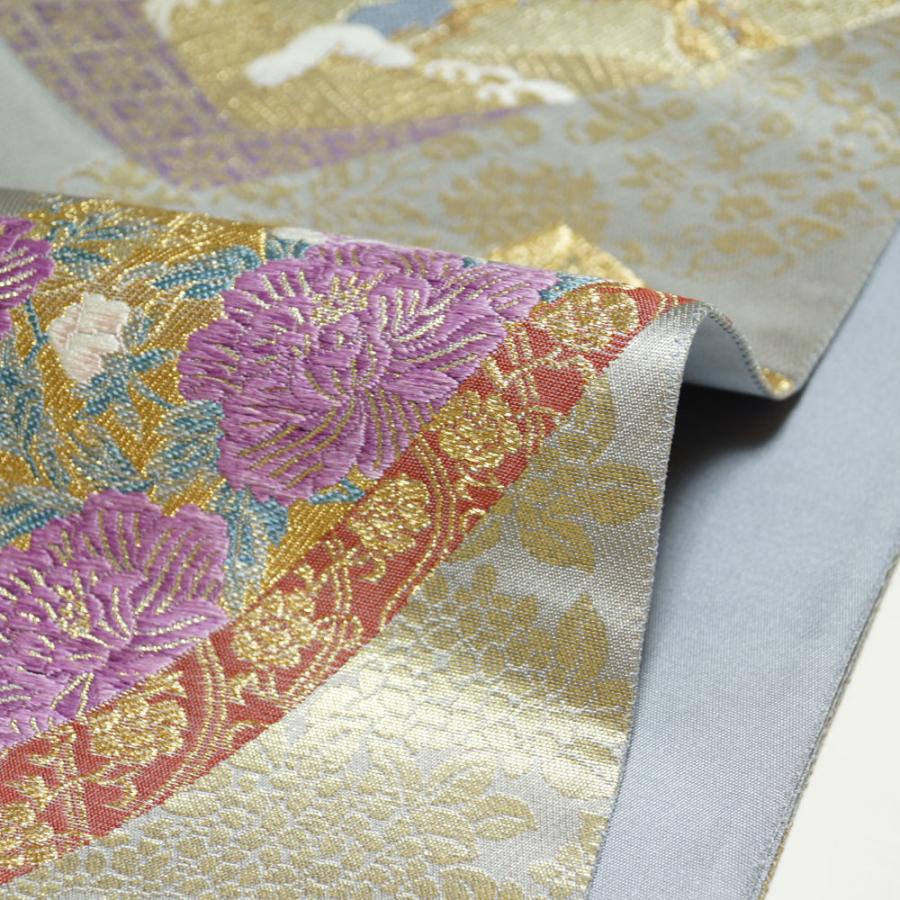 袋帯 じゅらく帝王紫 短冊に春秋百花・吉祥模様 帝王紫 金糸 中古